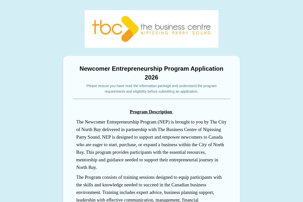 Newcomer Entrepreneurship Program Application 2026