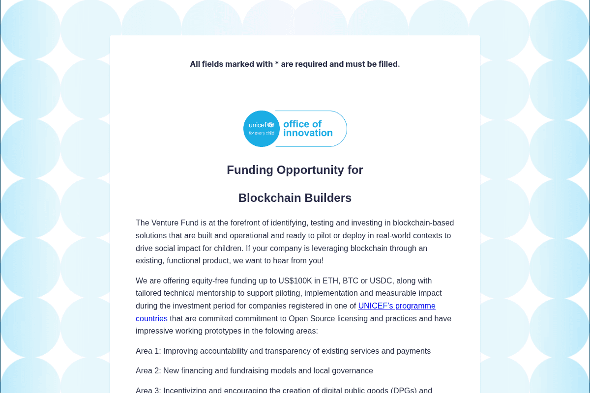 UNICEF Venture Fund 2026 for Blockchain Solutions