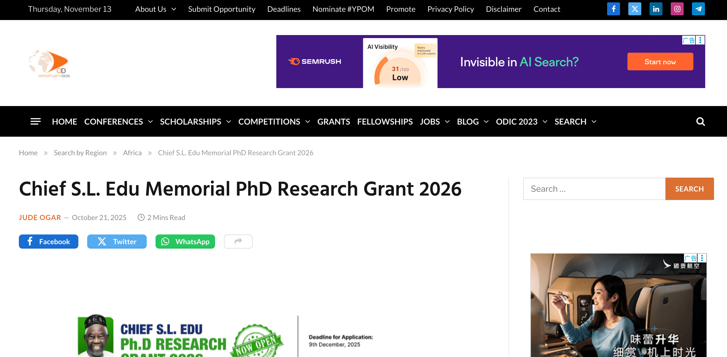 Chief S.L. Edu Memorial PhD Research Grant 2026
