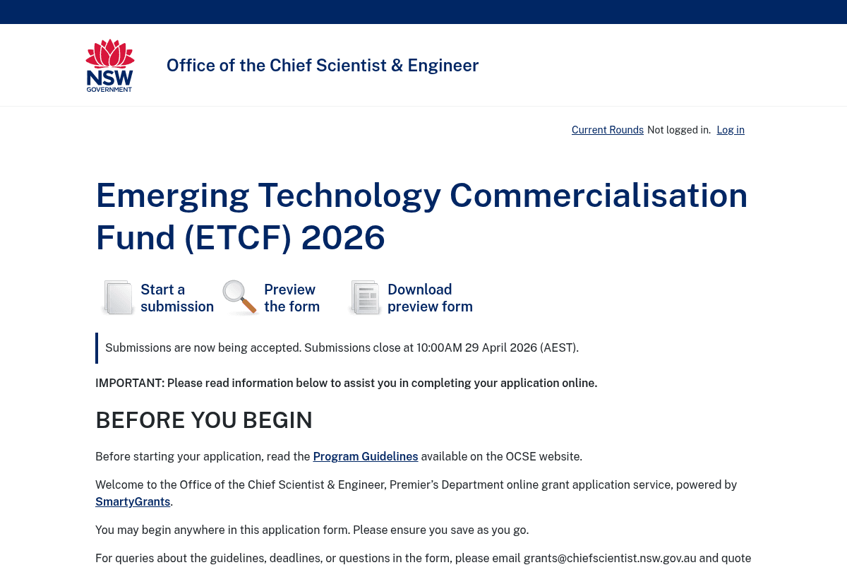 Emerging Technologies Commercialisation Fund (ETCF)