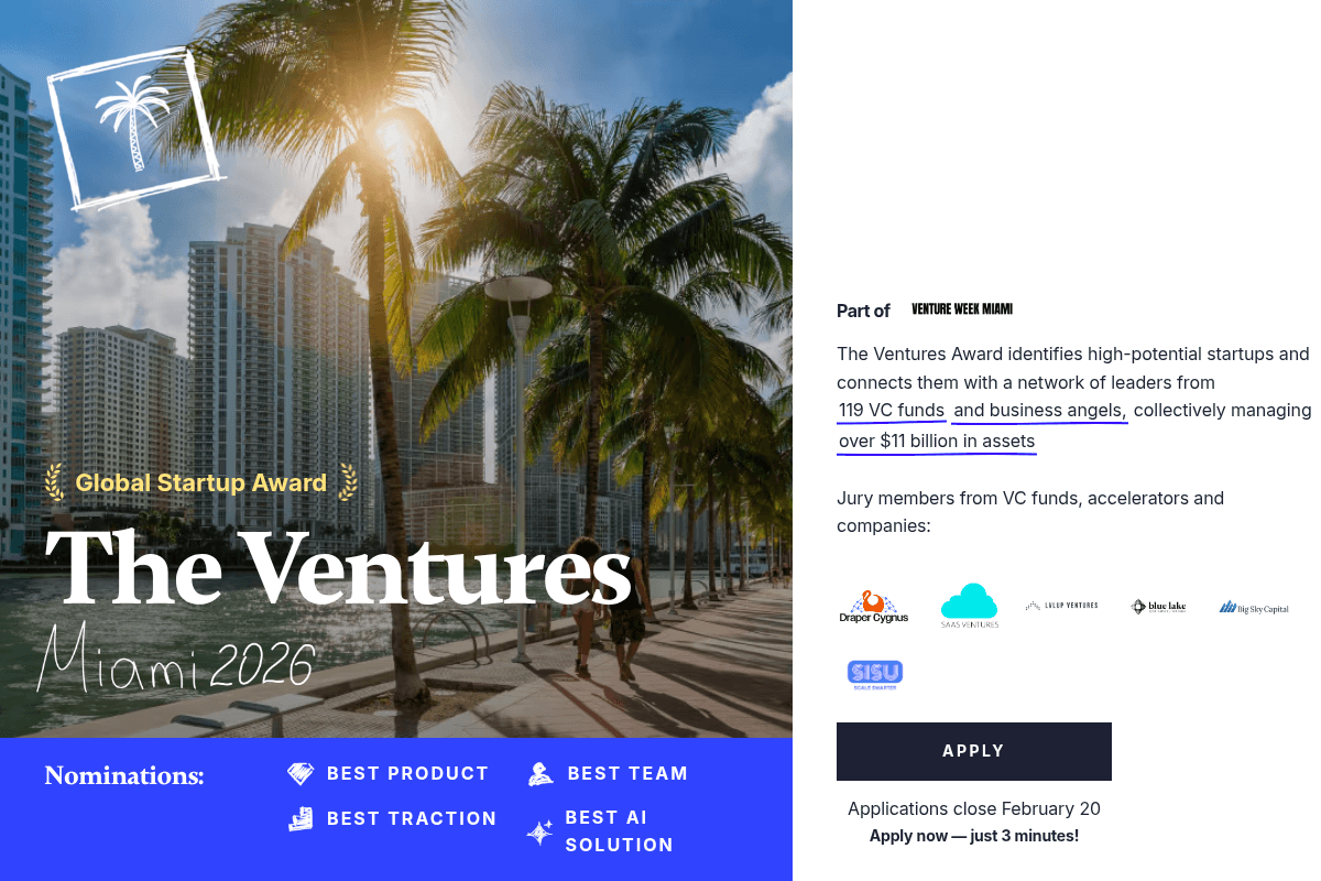 Ventures Global Startup Award 2026 – Miami
