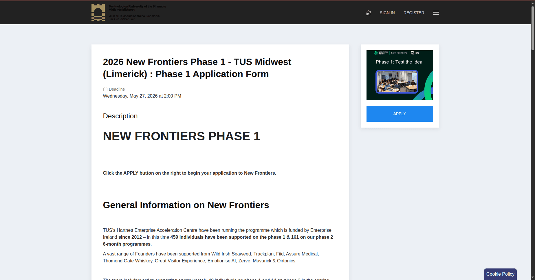 2026 New Frontiers Phase 1 - TUS Midwest (Limerick)