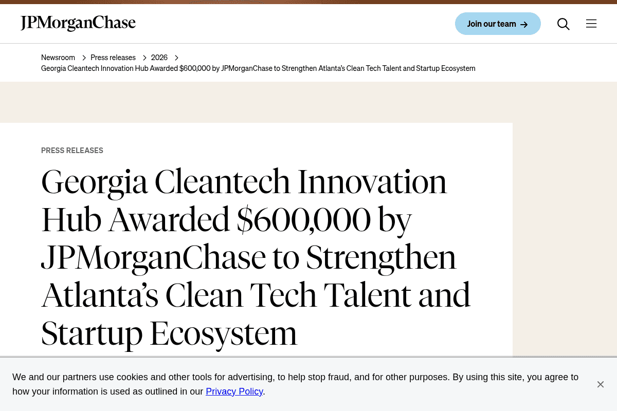 Georgia Cleantech Innovation Hub Awarded $600,000 by JPMorganChase to Strengthen Atlanta’s Clean Tech Talent and Startup Ecosystem