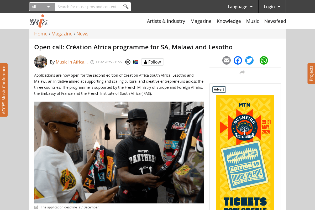 Création Africa programme for South Africa, Malawi and Lesotho